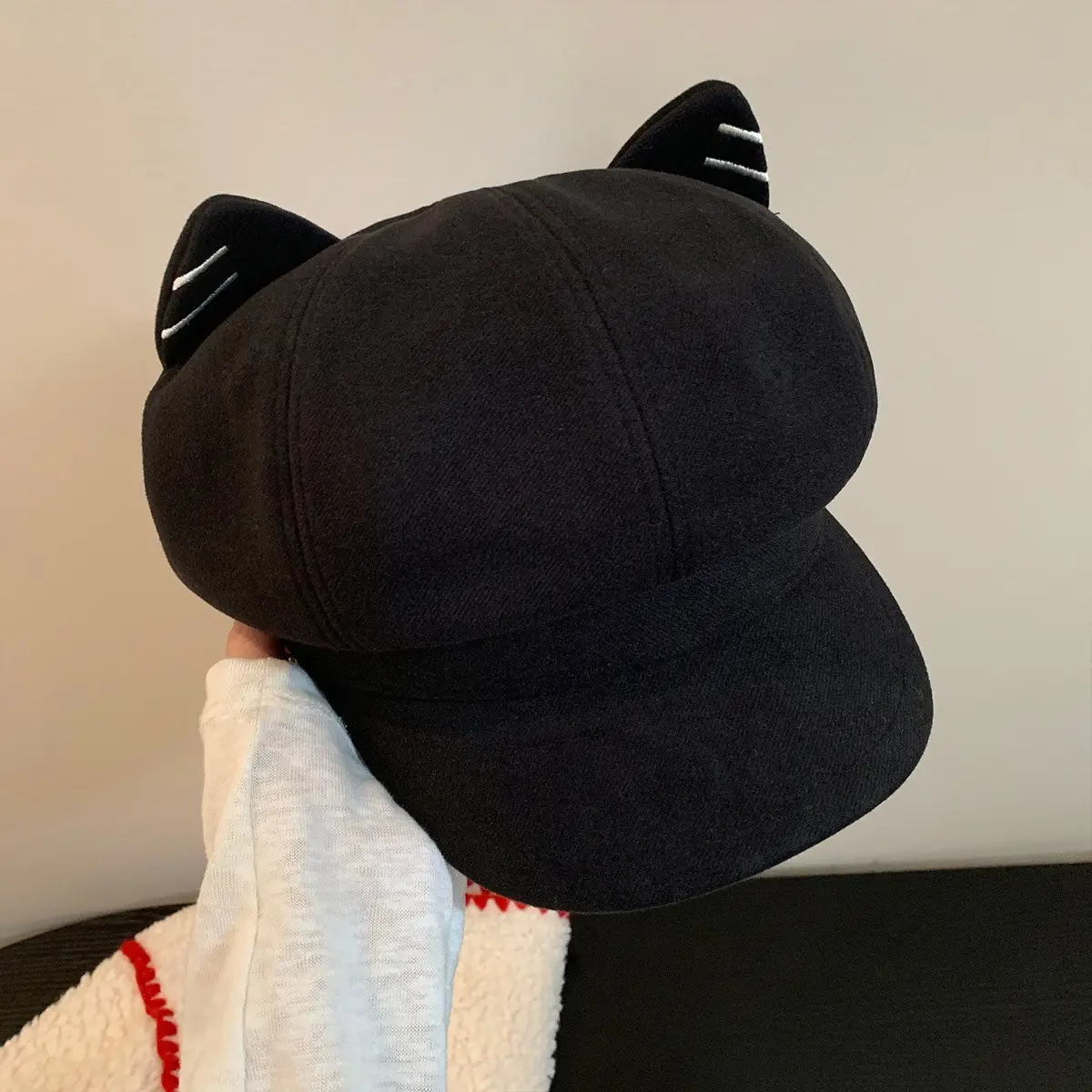 Cute Cat Ear Wool Beret for Women Autumn Winter Face Slimming Newsboy Cap Large Head Circumference - Image 2