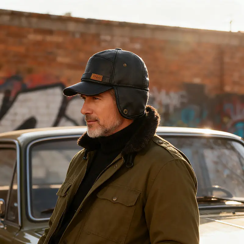 Winter Fleece Leather Cap for Men Olive Green - Image 5