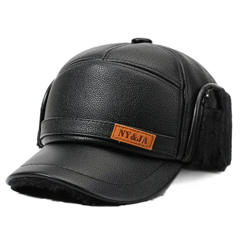 Winter Fleece Leather Cap for Men Olive Green - Image 8