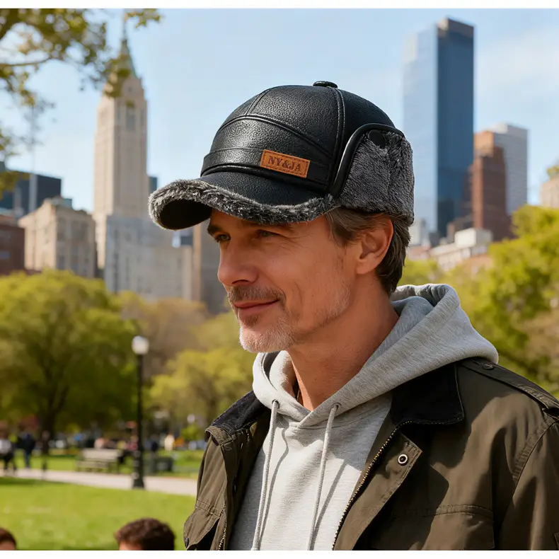 Men's Black Leather Ear Hat with Warm Fleece Trim — feature 16