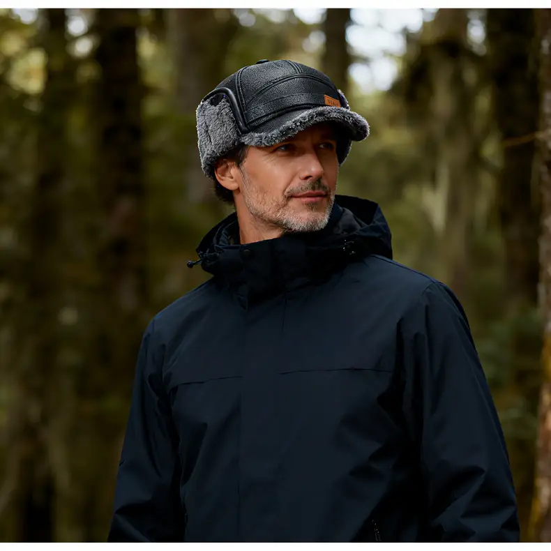 Men's Black Leather Ear Hat with Warm Fleece Trim — feature 18