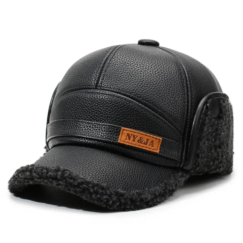 Men's Black Leather Ear Hat with Warm Fleece Trim - Image 4