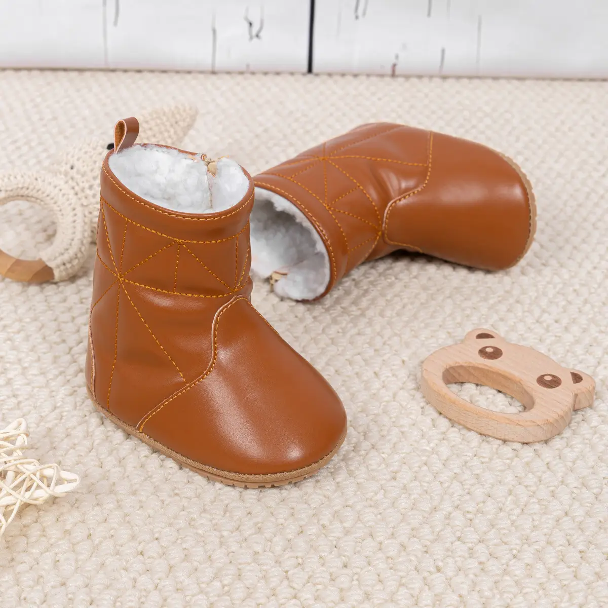 Brown Fleece Baby Boots for Newborns Warm Non-Slip