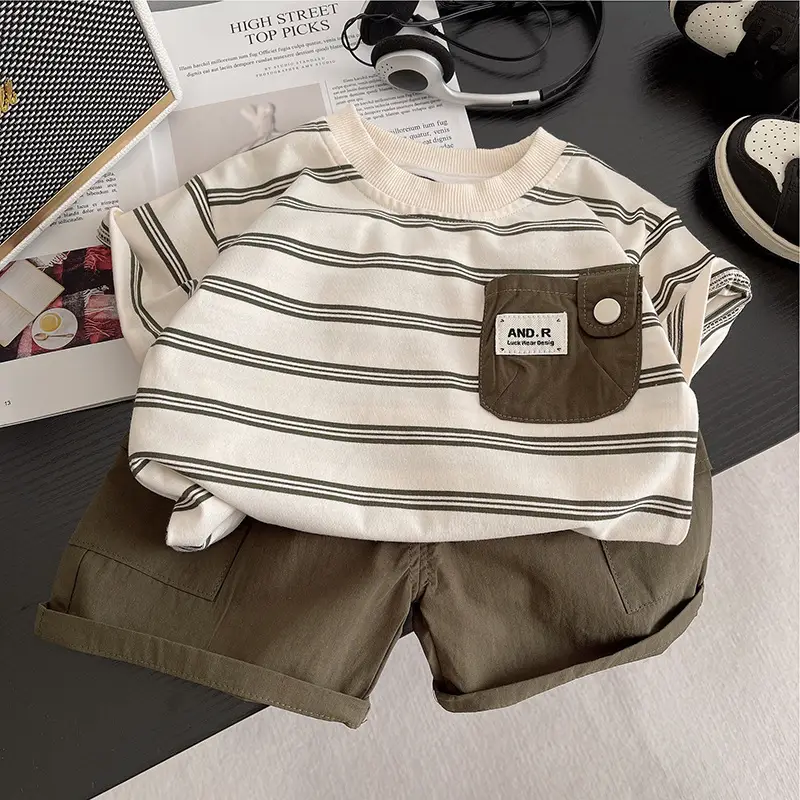 Boys Striped Shorts T-Shirt Set Brown White Kids Casual - Image 2