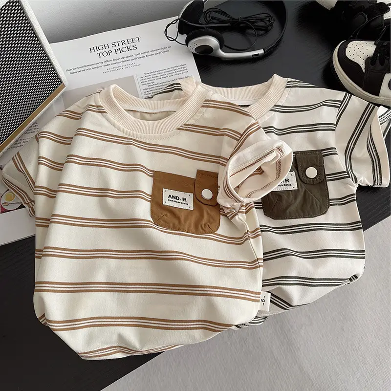 Boys Striped Shorts T-Shirt Set Brown White Kids Casual - Image 4