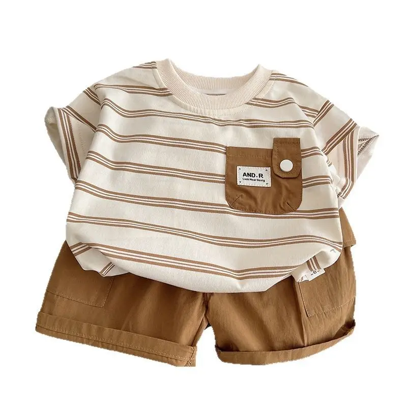 Boys Striped Shorts T-Shirt Set Brown White Kids Casual - Image 5