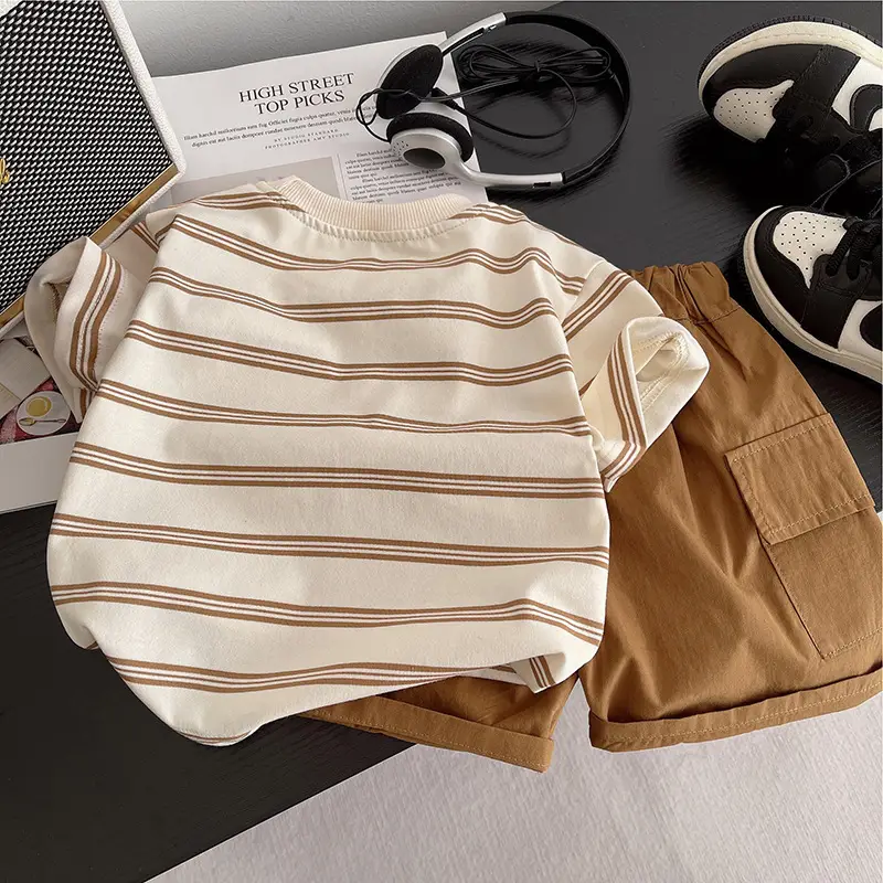 Boys Striped Shorts T-Shirt Set Brown White Kids Casual — feature 6