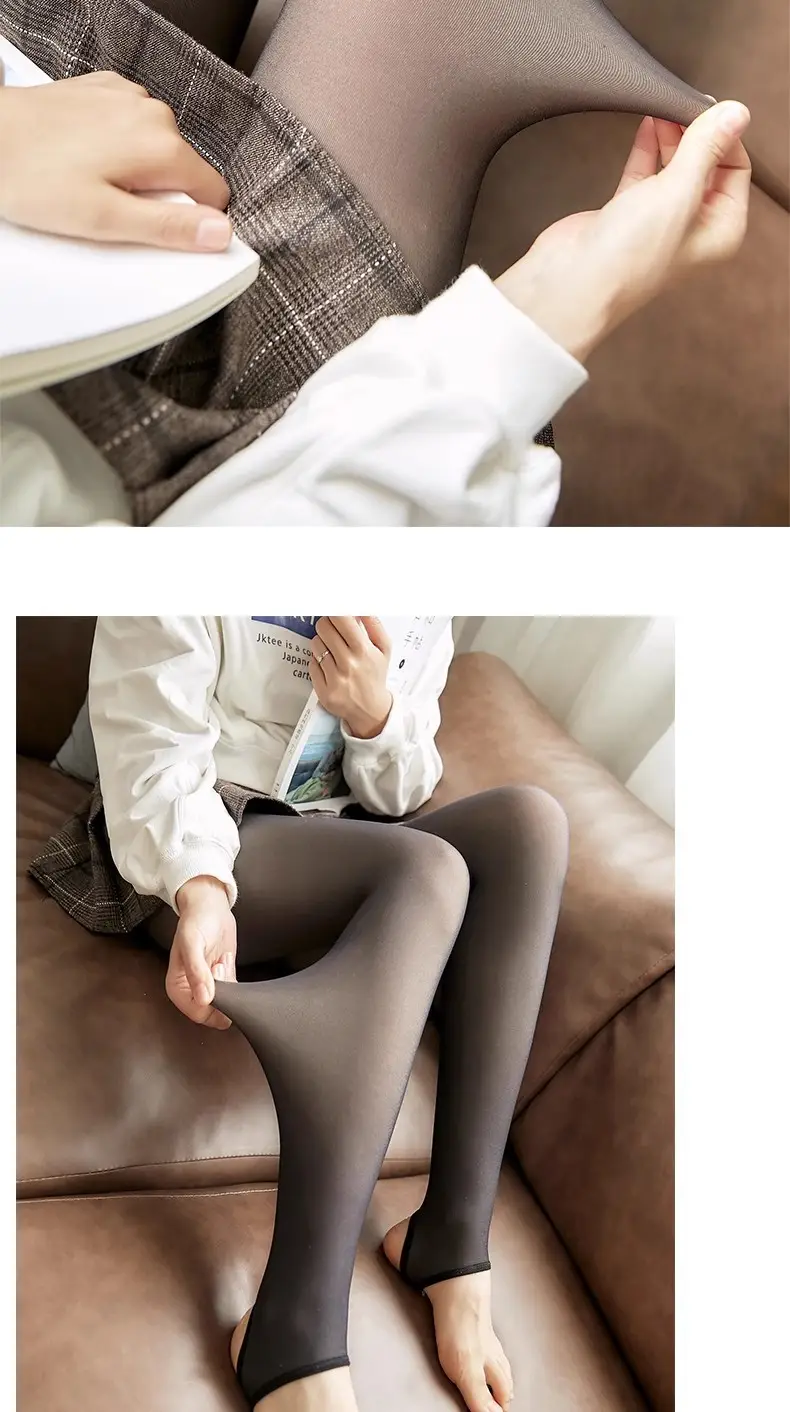 Cross-Border Autumn and Winter New Style Flight Attendant Gray Leggings with Faux Sheer Effect, Fleece-Lined and Thickened, Women's High-Waisted One-Piece Pants with Real Sheer Skin Effect — feature 14