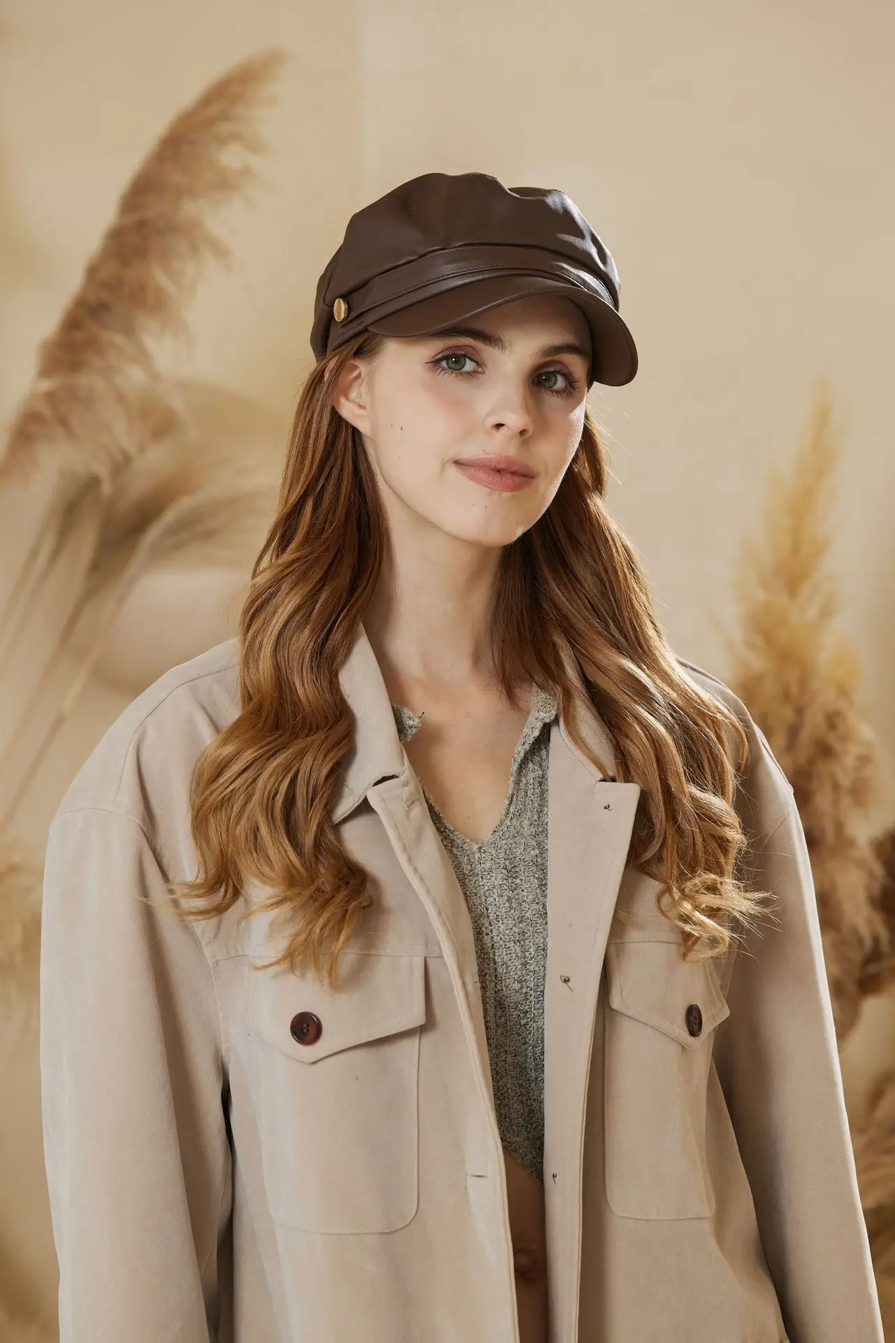 Women Japanese Retro Pu Leather Beret Hat Large Head Circumference — feature 14