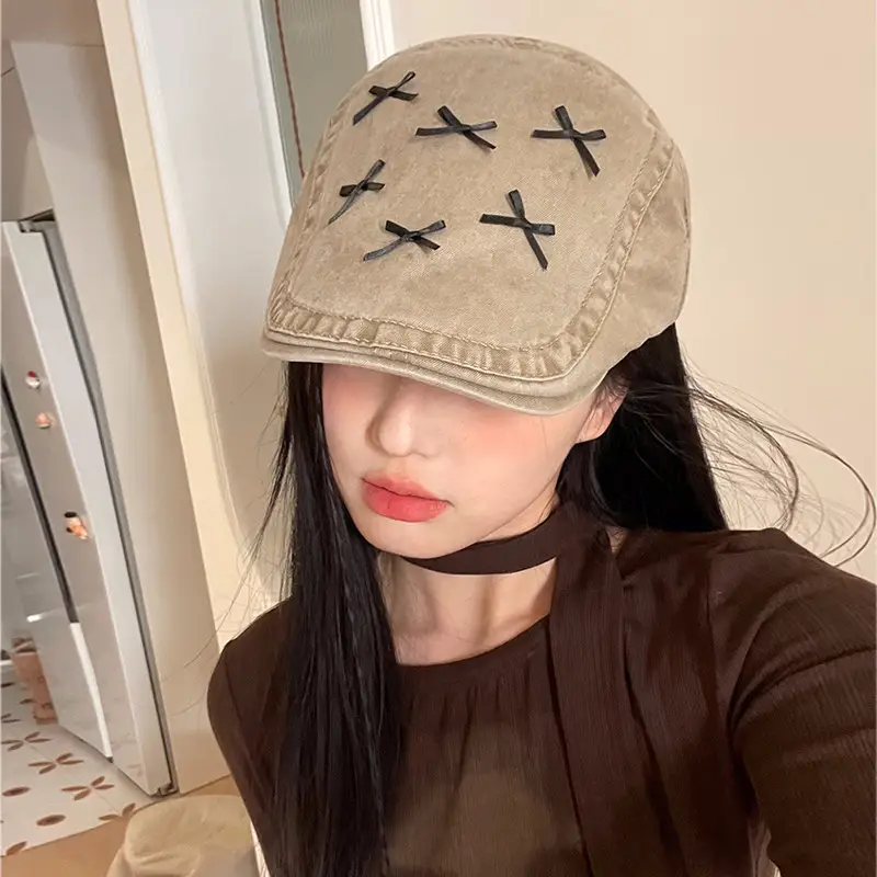 Korean Style Forward Hat with Bowknot Y2K Women's Spring Summer Fashion Versatile Casual Face-Slimming Newsboy Beret