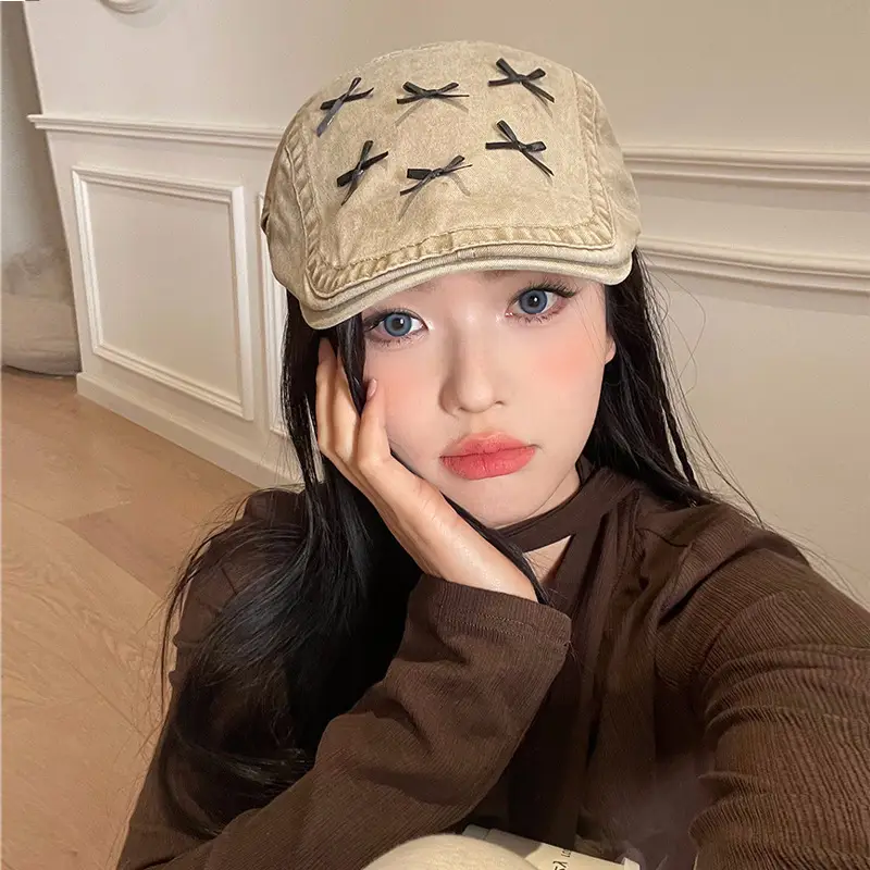 Korean Style Forward Hat with Bowknot Y2K Women's Spring Summer Fashion Versatile Casual Face-Slimming Newsboy Beret