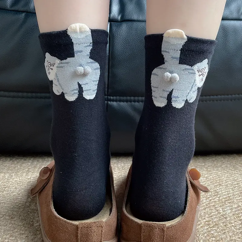 Cute Cartoon Cat Socks for Women Mid-Calf Cotton