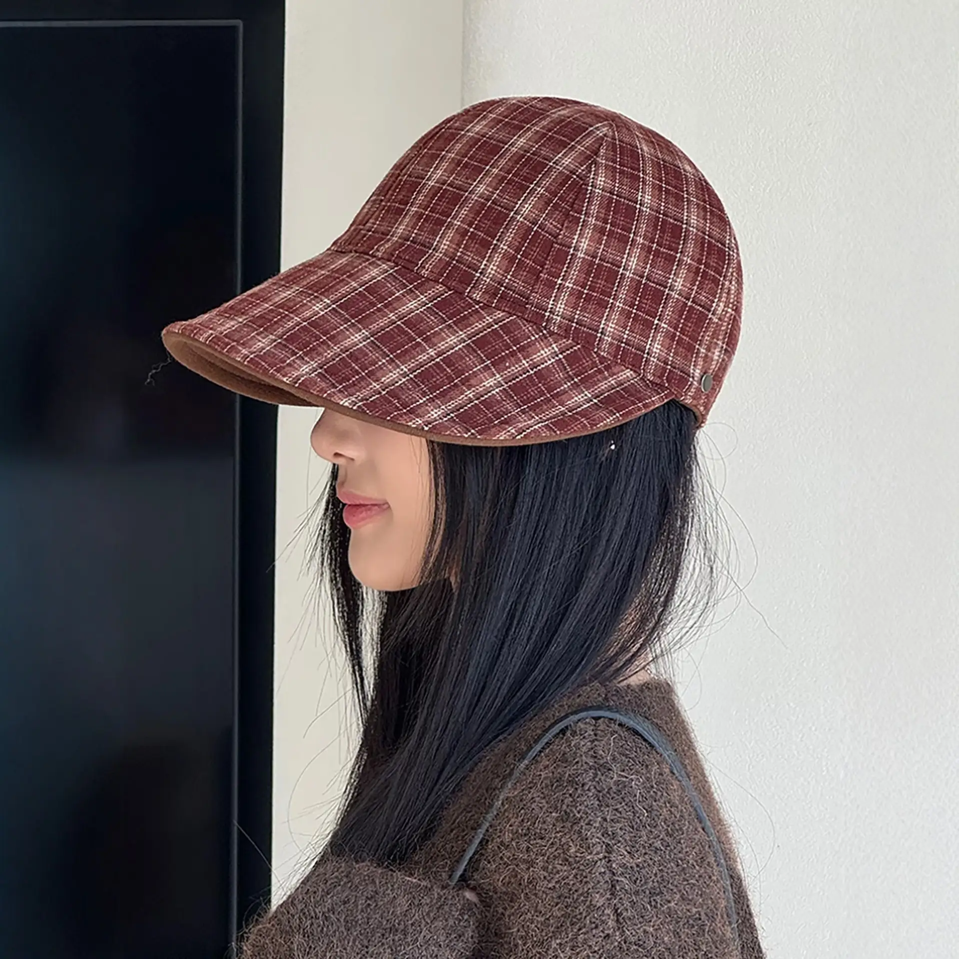 Double Sided Plaid Sun Hat for Women Autumn Winter