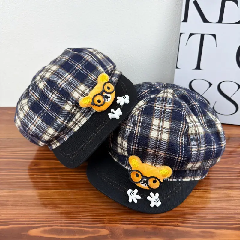 Cute Cartoon Glasses Bear Plaid Hat for Women - Image 3