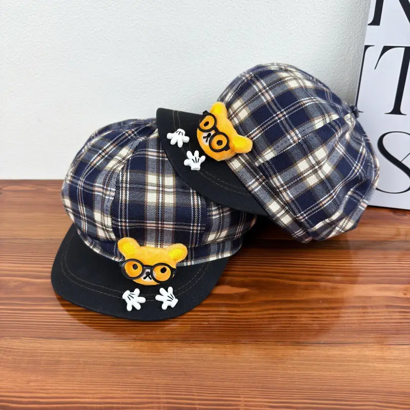 Cute Cartoon Glasses Bear Plaid Hat for Women - Image 4