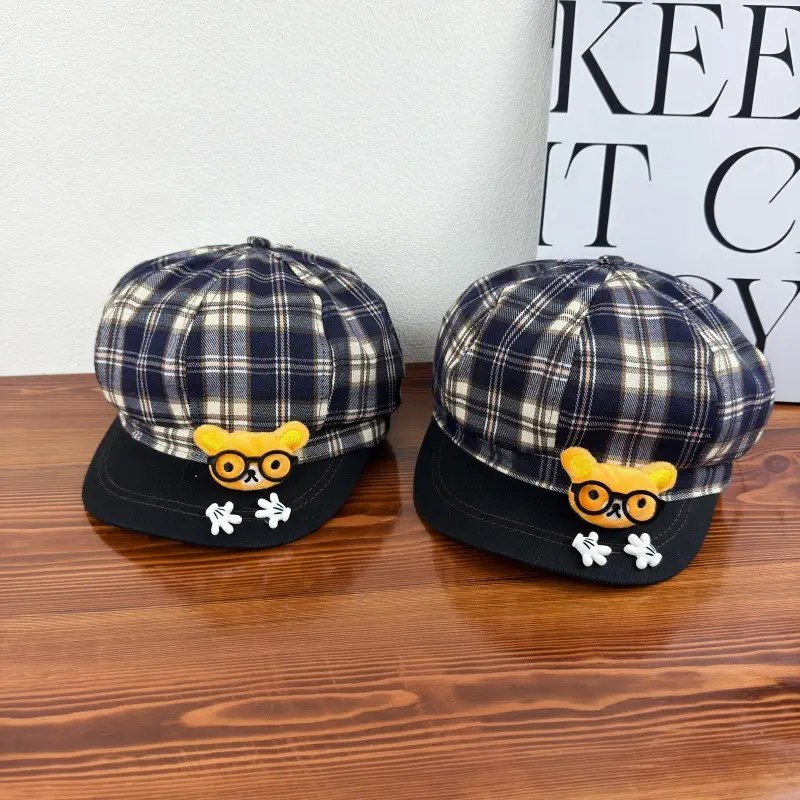 Cute Cartoon Glasses Bear Plaid Hat for Women - Image 5