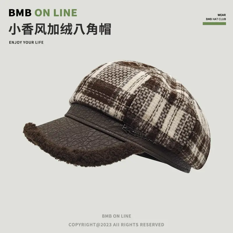 Tweed Plaid Beret Hat for Women British Style — feature 14