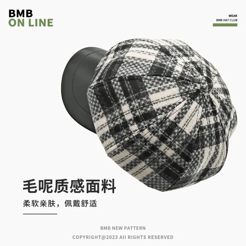 Tweed Plaid Beret Hat for Women British Style — feature 2