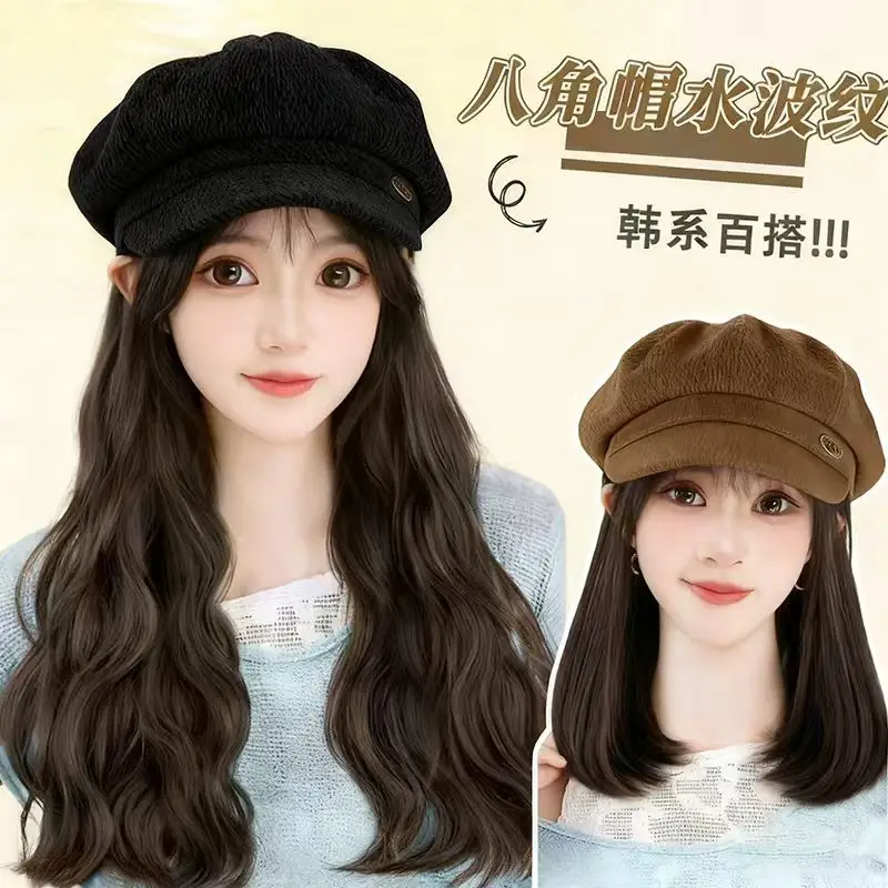 Women's Korean Style Miu Beret Face-Slimming Wig Cap Large Head - Image 4
