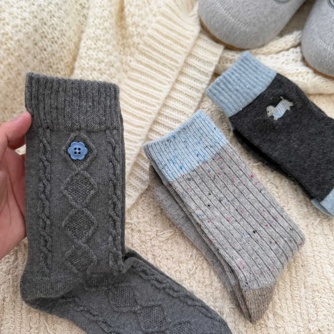 Little Red Book's Best-Selling Model! Winter Wool Socks Combination Gray Button Thickeneded Warm Pile Socks Mid-Calf Socks for Women