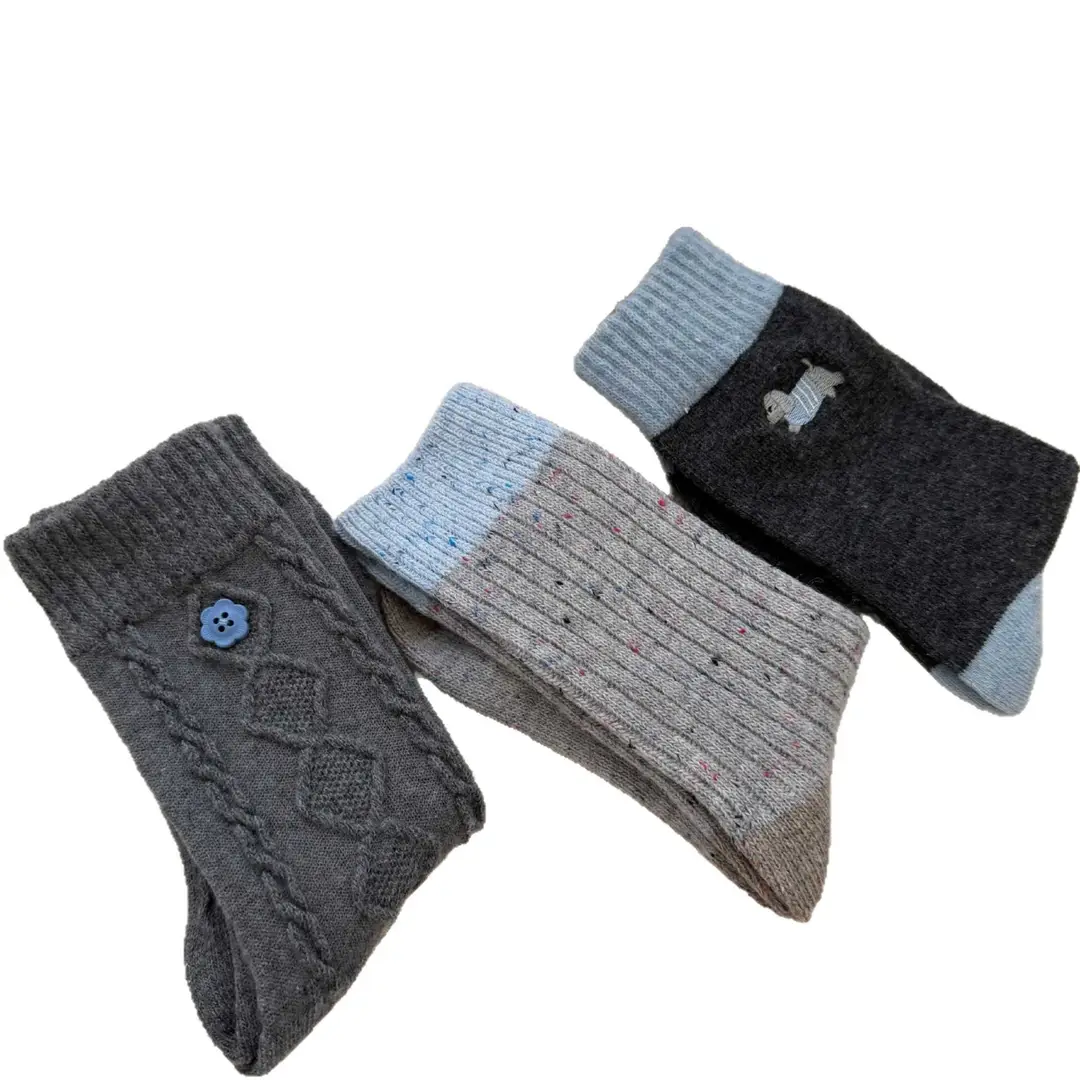 Little Red Book's Best-Selling Model! Winter Wool Socks Combination Gray Button Thickeneded Warm Pile Socks Mid-Calf Socks for Women