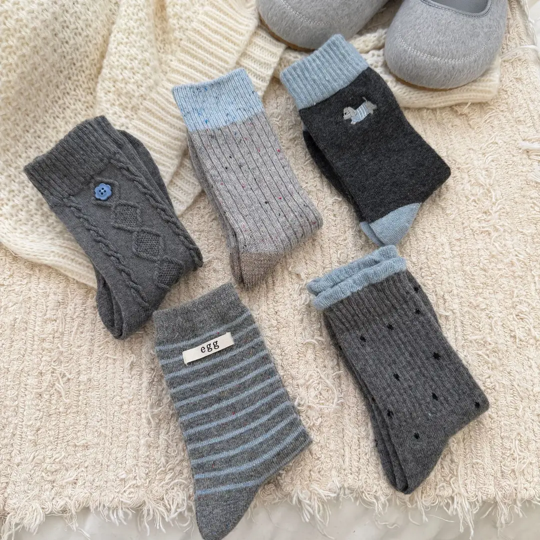 Little Red Book's Best-Selling Model! Winter Wool Socks Combination Gray Button Thickeneded Warm Pile Socks Mid-Calf Socks for Women — feature 9