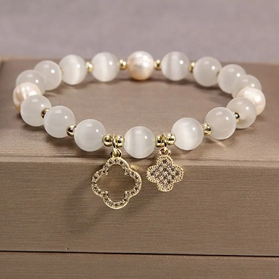Elastic Rope Pearl Bracelet with Cat's Eye Pendant - Image 4