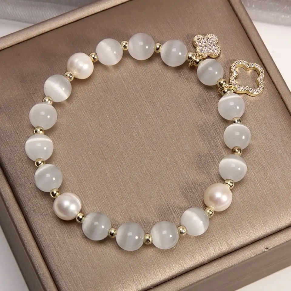 Elastic Rope Pearl Bracelet with Cat's Eye Pendant - Image 5
