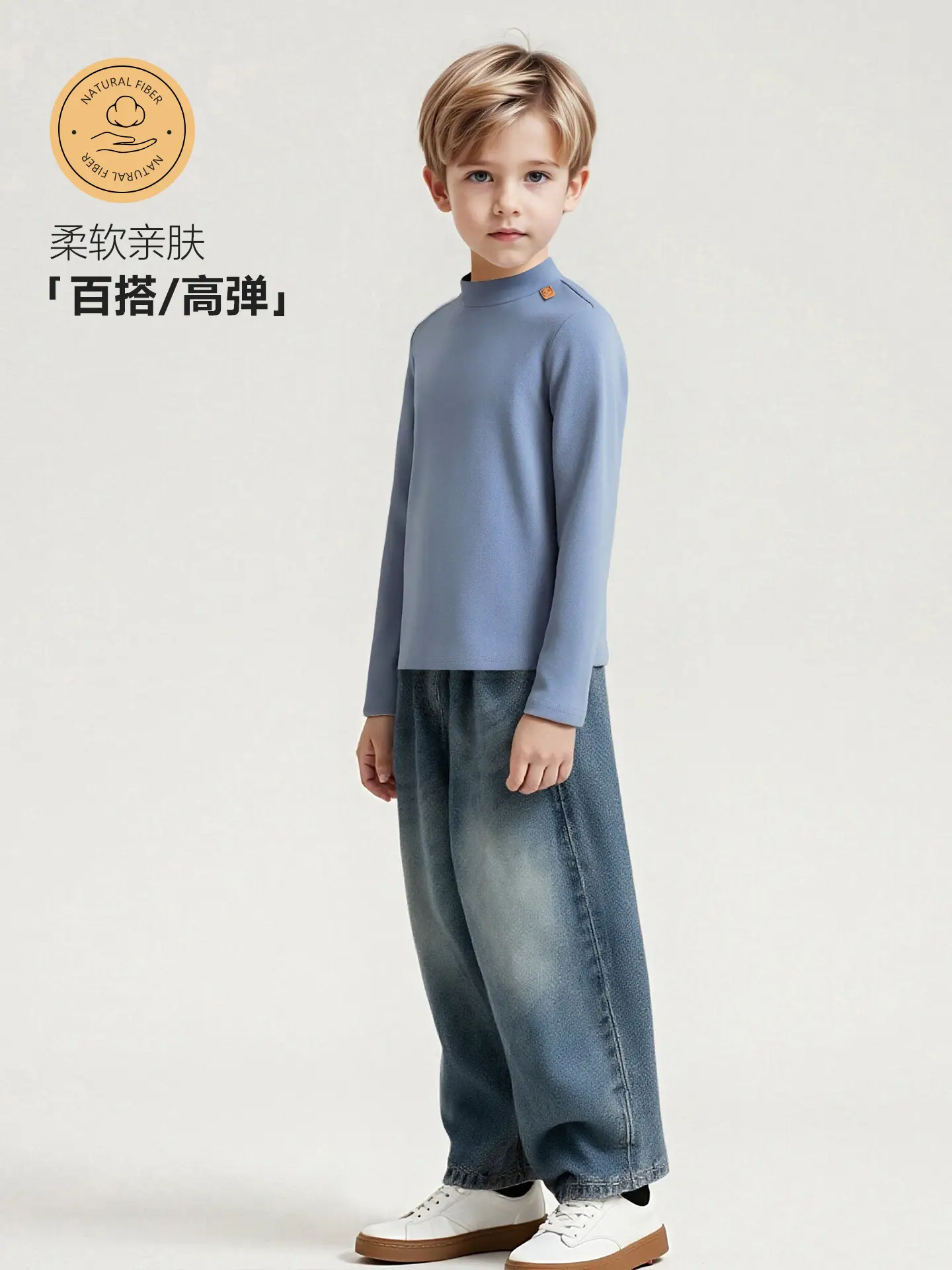 Boy's Black Long Sleeve T-Shirt with Half Turtleneck - Image 8