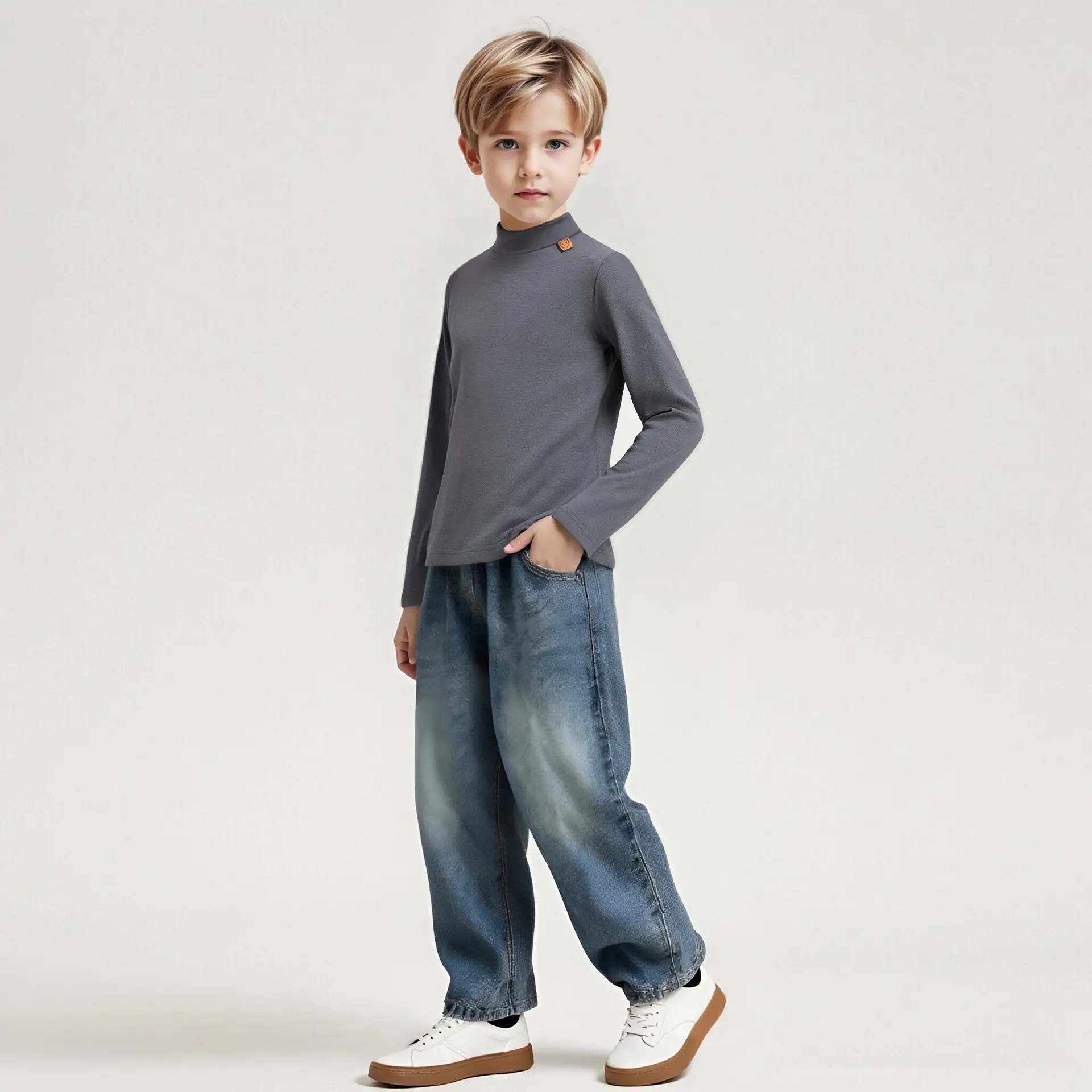 Boy's Black Long Sleeve T-Shirt with Half Turtleneck - Image 2