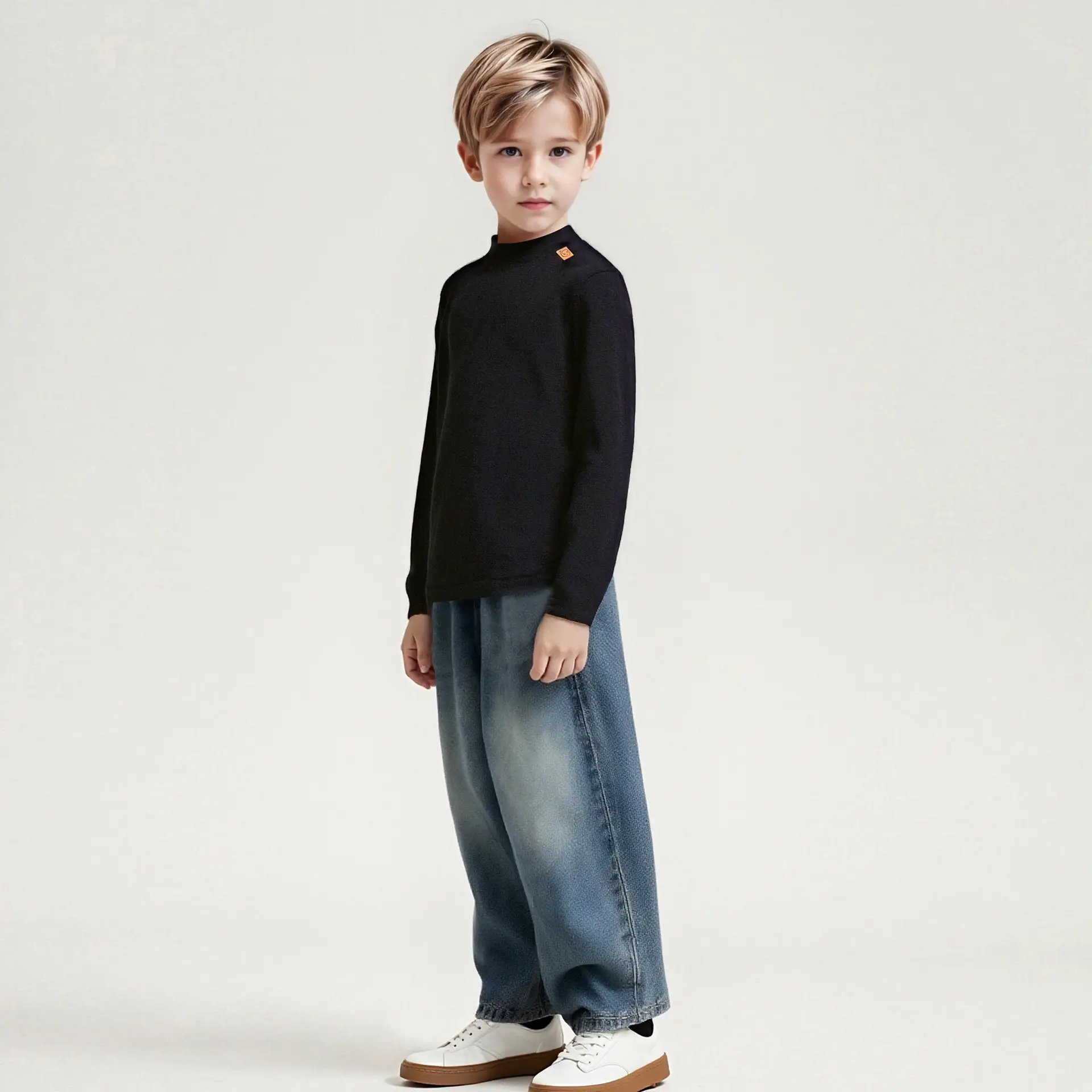 Boy's Black Long Sleeve T-Shirt with Half Turtleneck - Image 3