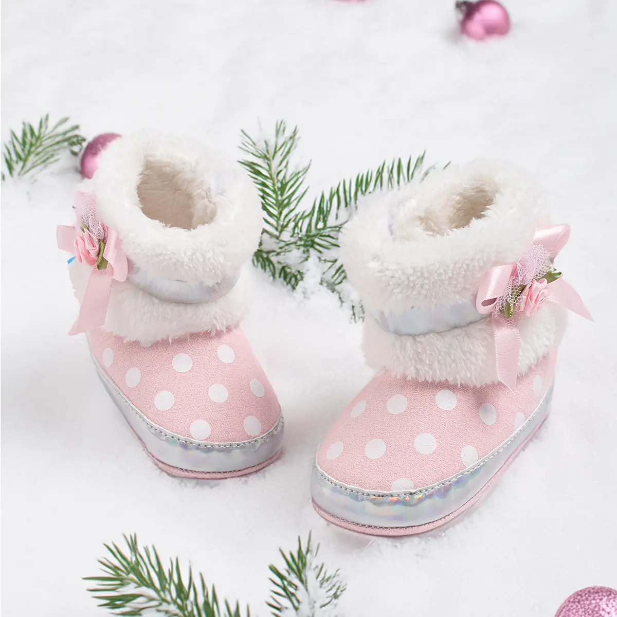 Pink Velvet Bow Baby Boots for Toddler Warm Non-Slip