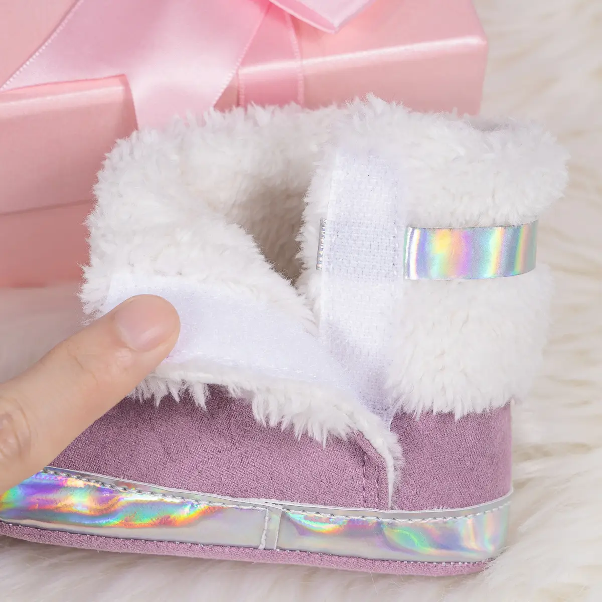 Pink Velvet Bow Baby Boots for Toddler Warm Non-Slip