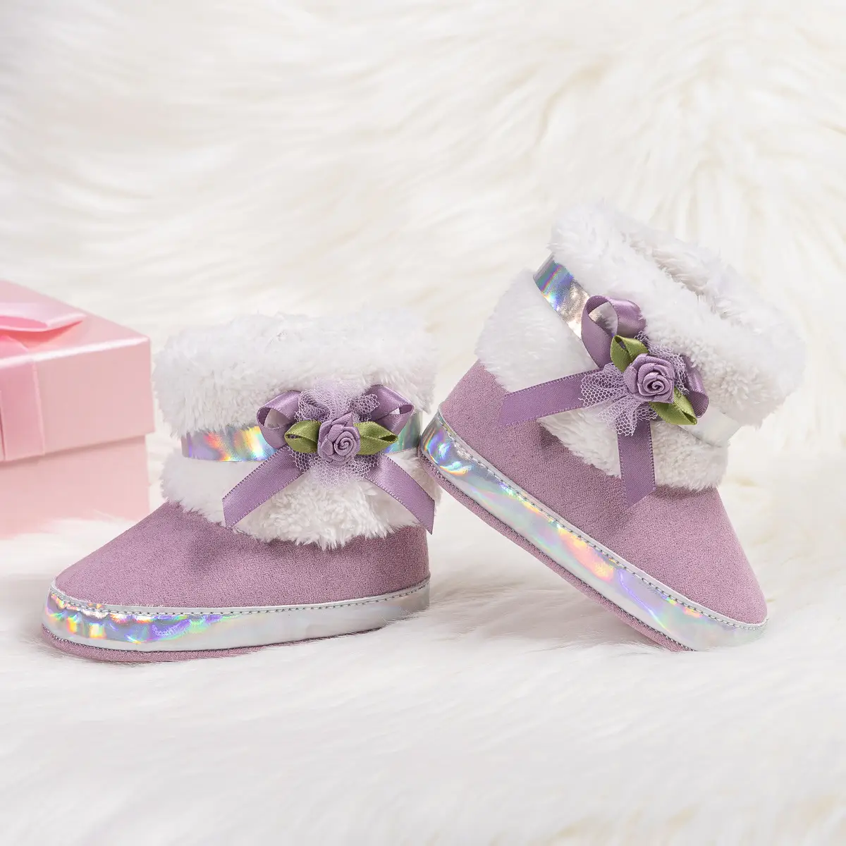 Pink Velvet Bow Baby Boots for Toddler Warm Non-Slip