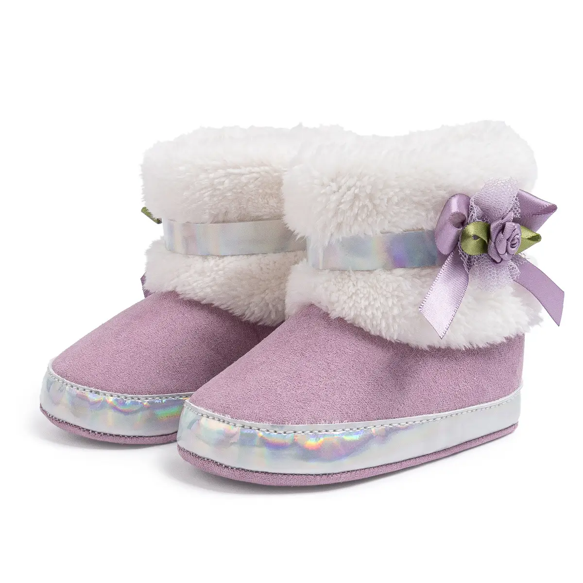 Pink Velvet Bow Baby Boots for Toddler Warm Non-Slip