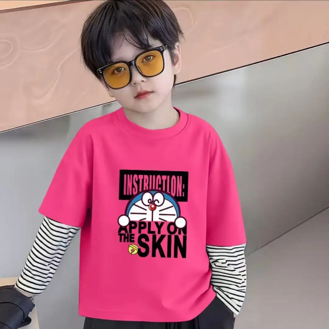 Boys Striped T-Shirt Faux Two-Piece Pink Doraemon Print - Image 3