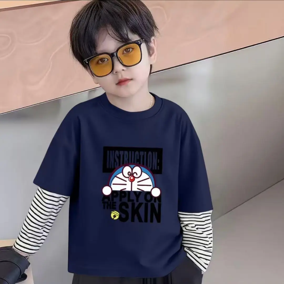 Boys Striped T-Shirt Faux Two-Piece Pink Doraemon Print - Image 4