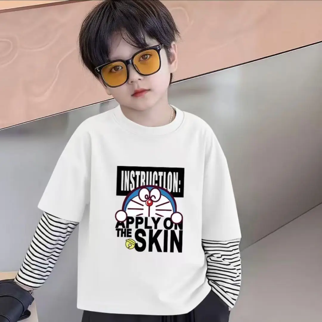 Boys Striped T-Shirt Faux Two-Piece Pink Doraemon Print - Image 2