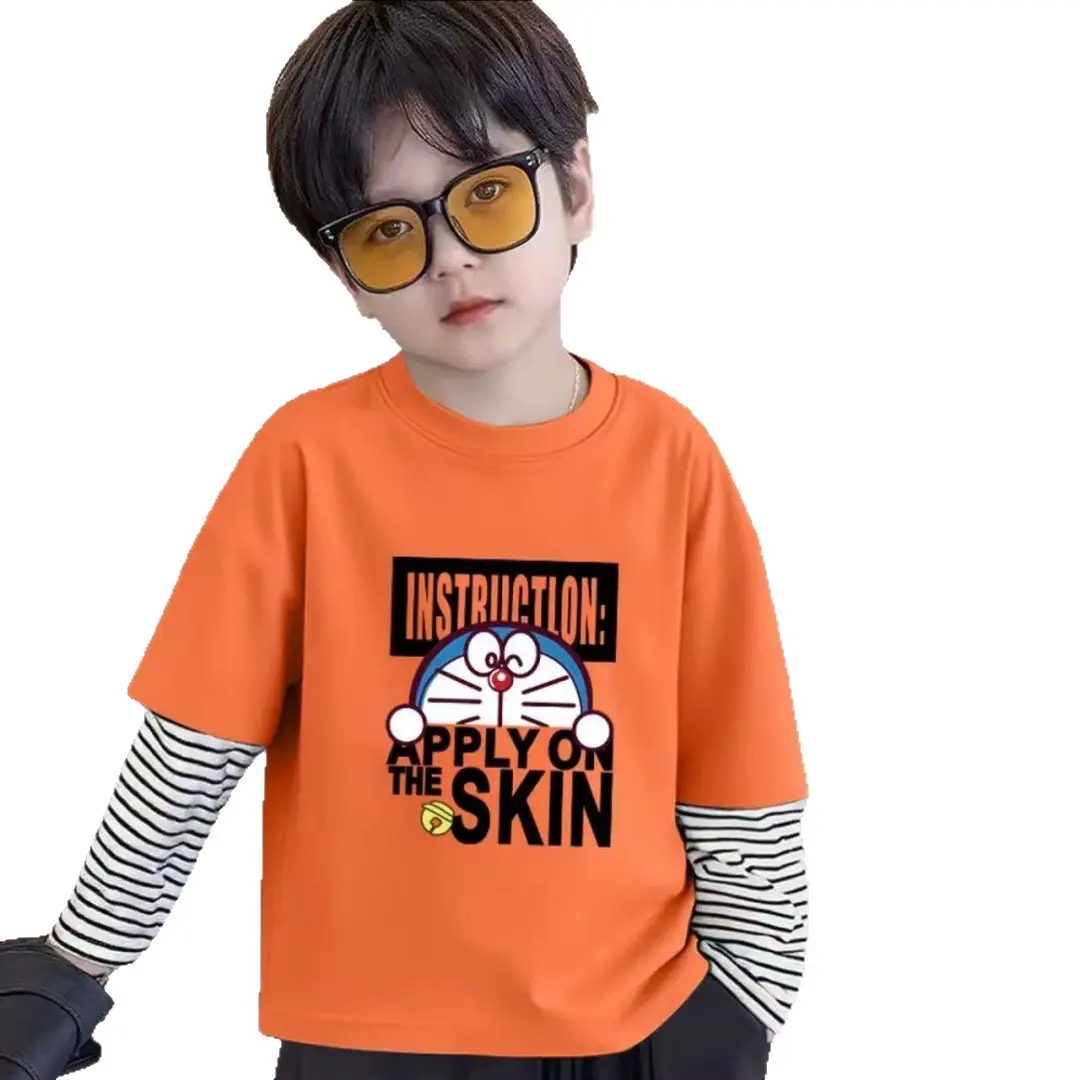 Boys Striped T-Shirt Faux Two-Piece Pink Doraemon Print - Image 5