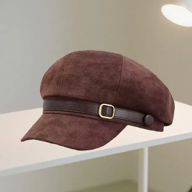 Women Suede Retro Cap Brown Duck Tongue Beret - Image 5