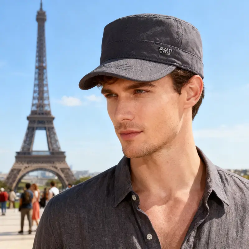 Men's Cotton Flat Cap Sunshade Logo Grey