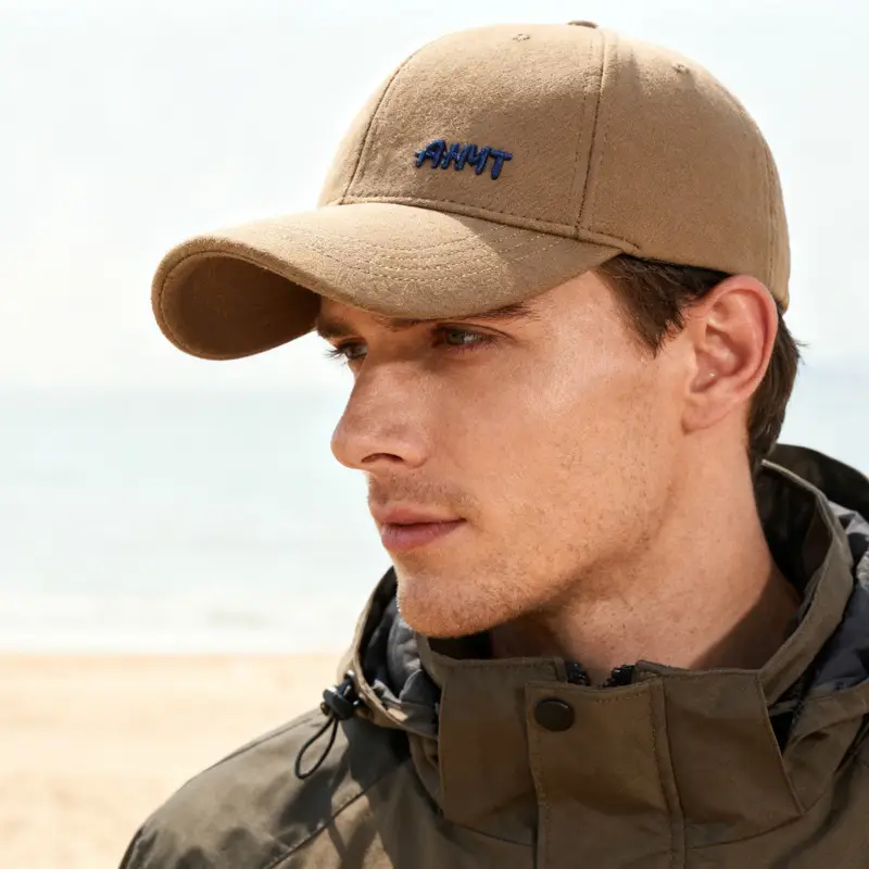 Men's Beige Embroidered Baseball Cap Autumn Winter Warm