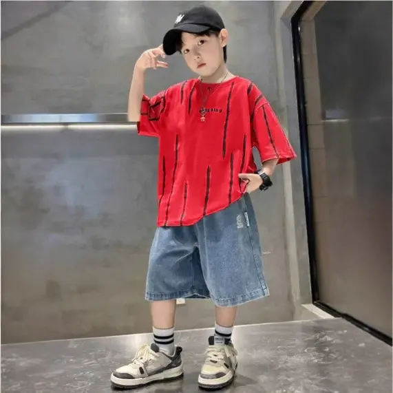 Boys Summer T-Shirt Set Red Striped Denim Shorts 2026