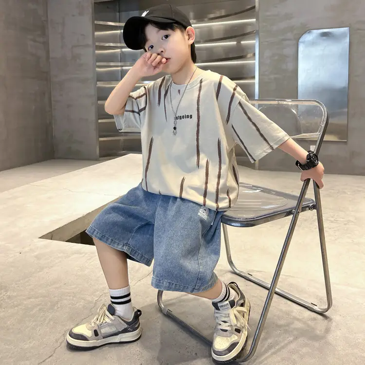 Boys Summer T-Shirt Set Red Striped Denim Shorts 2026