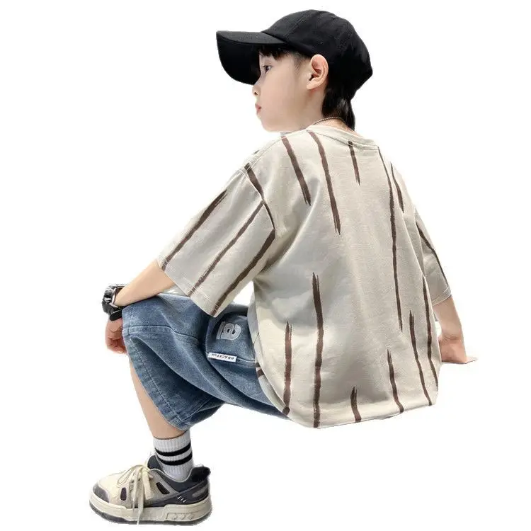 Boys Summer T-Shirt Set Red Striped Denim Shorts 2026