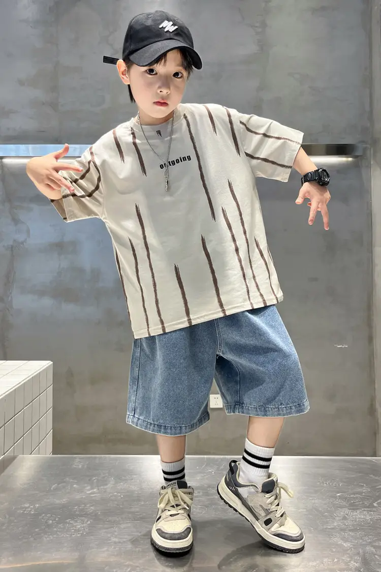 Boys Summer T-Shirt Set Red Striped Denim Shorts 2026 — feature 1