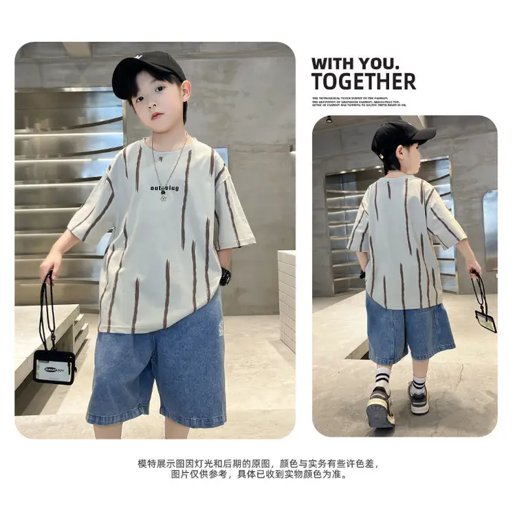 Boys Summer T-Shirt Set Red Striped Denim Shorts 2026 — feature 16