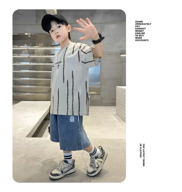 Boys Summer T-Shirt Set Red Striped Denim Shorts 2026 — feature 18