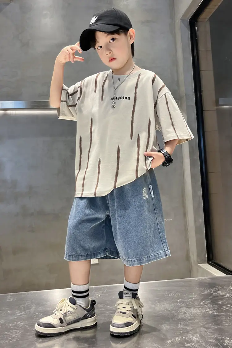 Boys Summer T-Shirt Set Red Striped Denim Shorts 2026 — feature 2