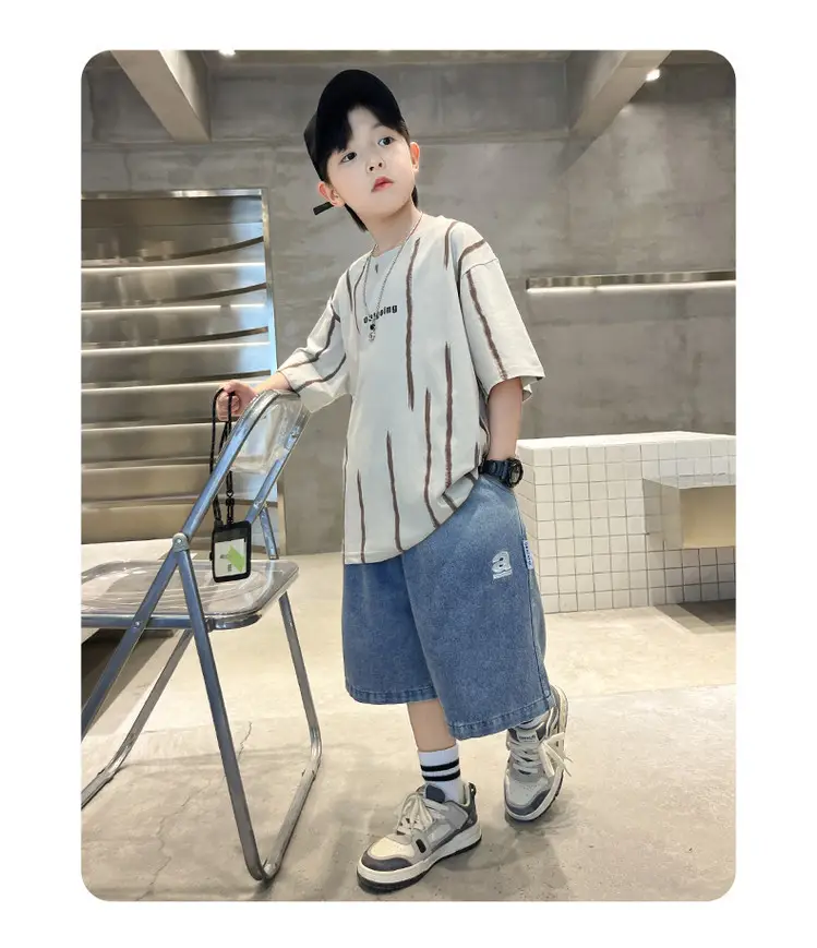 Boys Summer T-Shirt Set Red Striped Denim Shorts 2026 — feature 20